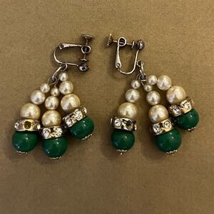 Elegant Pearl and Green Bead Clip-On Earrings Vintage clip and twist backs